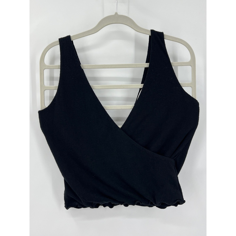 LNA Womens Black Surplice Wrap Crop Tank Top V-Neck Lettuce Hem Size M‎